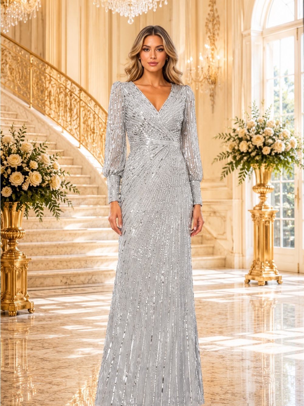 Mac Duggal 5501 Silver Sequin Bishop Sleeve Evening Gown Sz 20 NWT